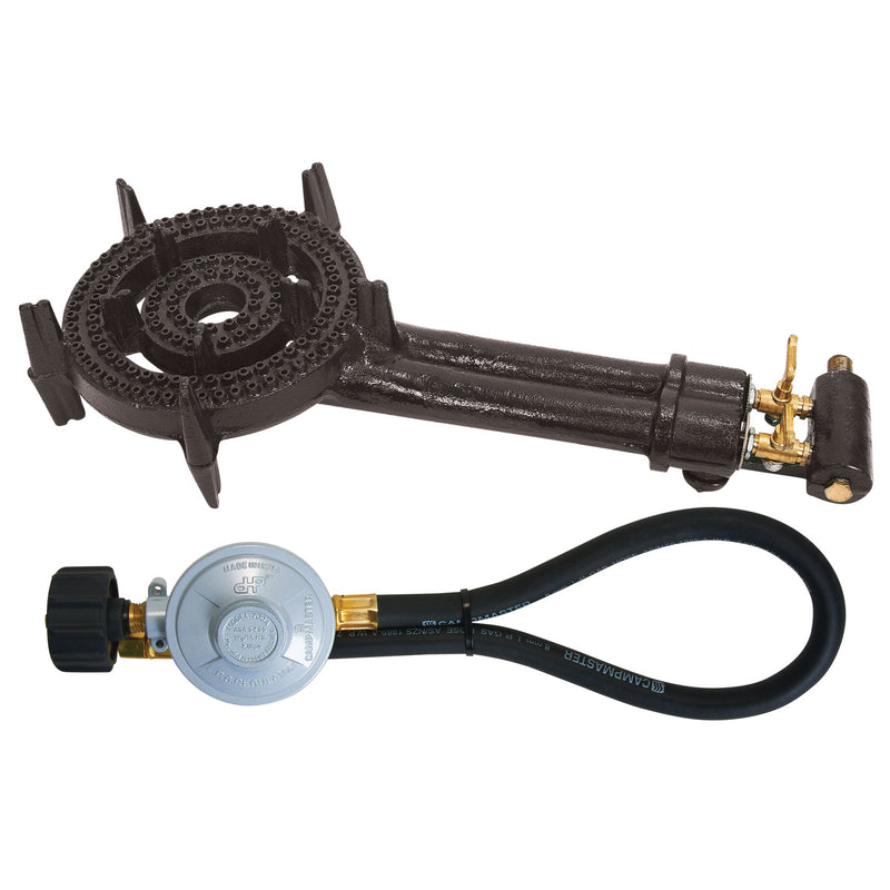 Campmaster 200mm Double Cast Iron Gas Ring Burner with QCC Regulator