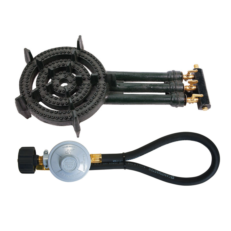 Campmaster 270mm Treble Cast Iron Gas Ring Burner with QCC Regulator